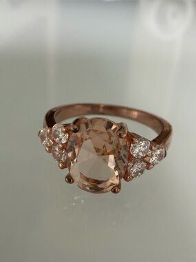 Vintage Rose Gold Morganite, Cubic Zirconia Statement Ring - Peach Pink color.